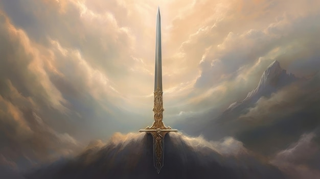 Een zwaard in de wolken met het woord zwaard erop