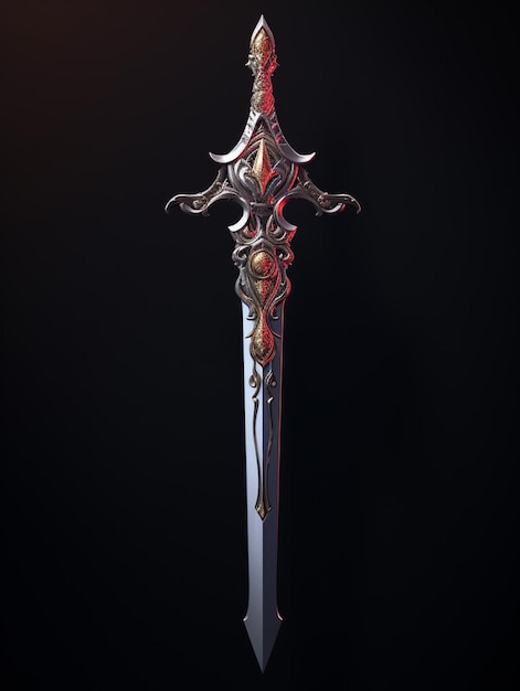 Een zwaard met een rood en goud ontwerp erop