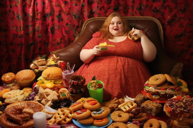 Een zwaarlijvige vrouw die junkfood eet Generatieve AI