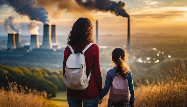 Een zwak verlichte scène toont een moeder en dochter die staren naar de rook van de fabriek die de aangrijpende impact overbrengt