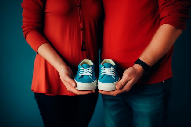 Een zwangere mama en papa die een paar babyschoenen vasthouden