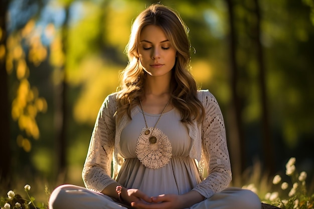 Een zwangere vrouw doet yoga in het park.