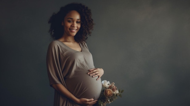 Een zwangere vrouw glimlacht in een bos