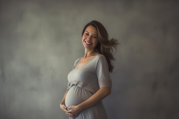 Een zwangere vrouw glimlacht terwijl ze voor een grijze achtergrond staat.