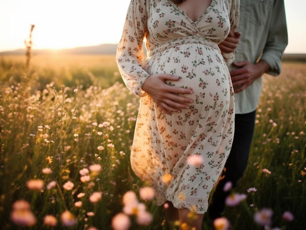 Een zwangere vrouw in een bloemenveld