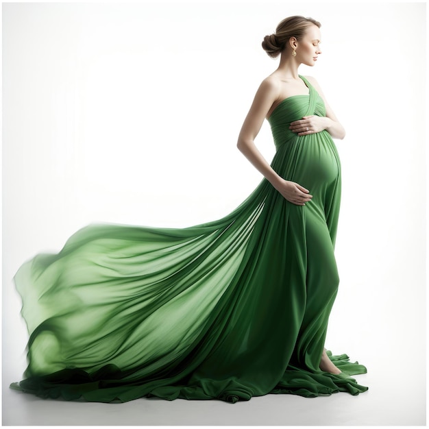 Een zwangere vrouw in een groene jurk.