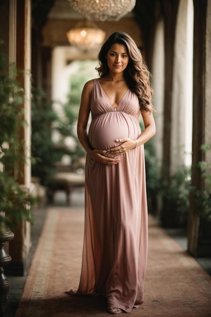 een zwangere vrouw in een lange roze jurk staat in een gang met een plant op de achtergrond.