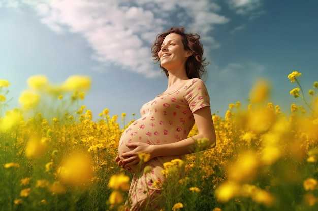 Een zwangere vrouw in een veld met gele bloemen