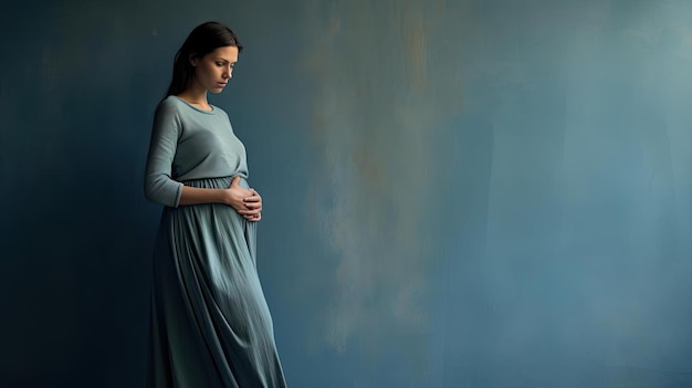 Foto een zwangere vrouw met blauwe rok staat tegen een muur in de stijl van subtiele toongradaties