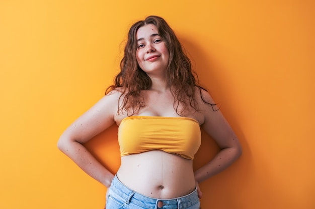 Een zwangere vrouw poseert elegant voor een foto voor een levendige oranje muur