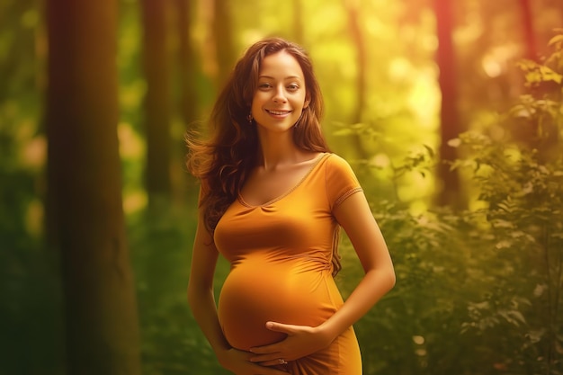 Een zwangere vrouw staat in het bos