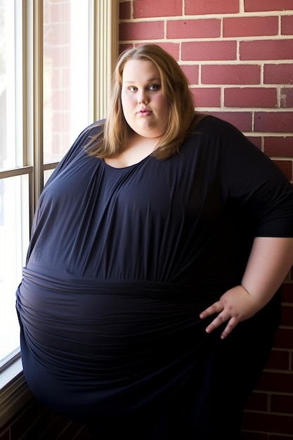 Foto een zwangere vrouw staat voor een raam met een bakstenen muur achter haar.