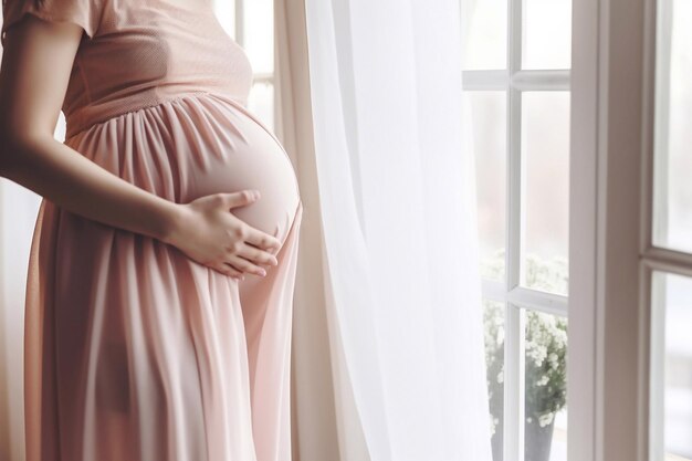een zwangere vrouw staat voor een raam met een gordijn dat zegt zwanger