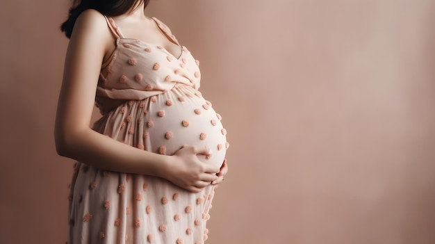 Een zwangere vrouw staat voor een roze achtergrond.