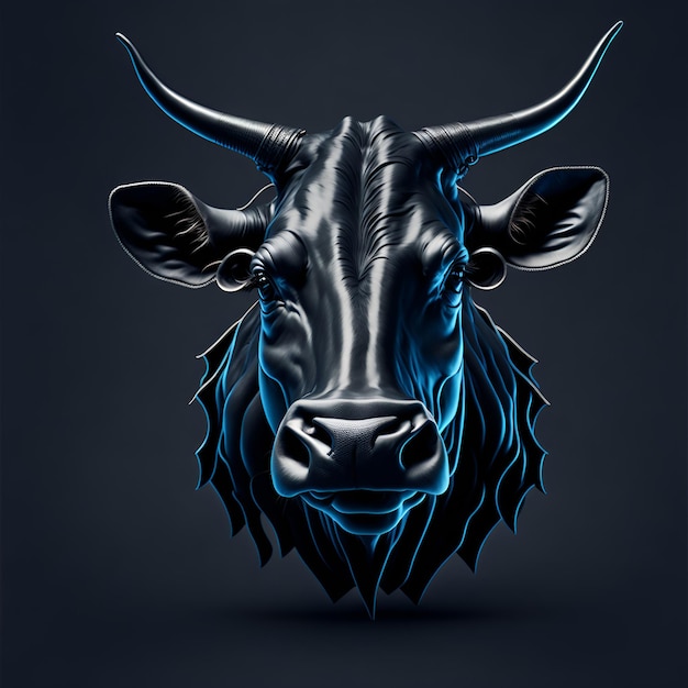 Een zwart-blauw beeld van een stier met een blauwe vlam erop