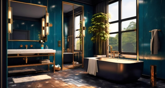 Een zwart-blauwe hoofdbadkamer met gouden en marmeren meubels