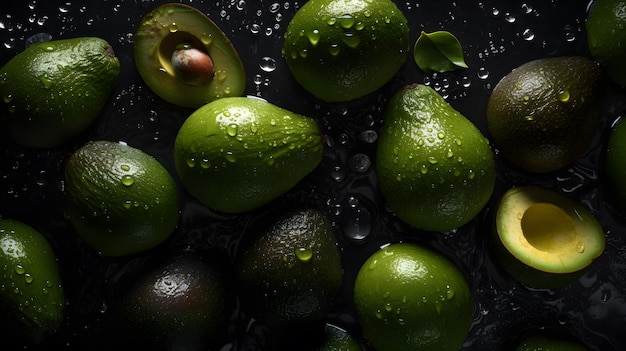 Een zwart bord met groen fruit en een druppel water erop