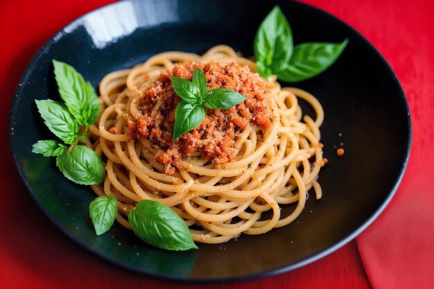 Een zwart bord met spaghetti en een rood servet op tafel.