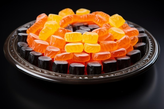 Een zwart bord vol ronde oranje geleisnoepjes in de vorm van ringen en oranje geleisnoepjes met