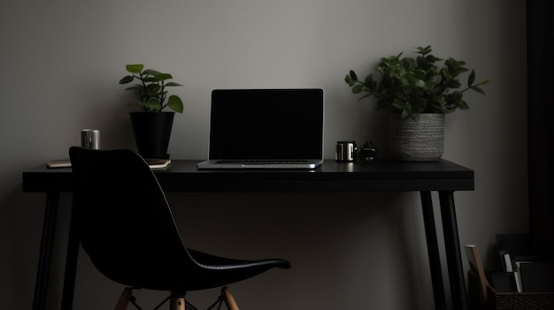 Een zwart bureau met een laptop en een plant erop