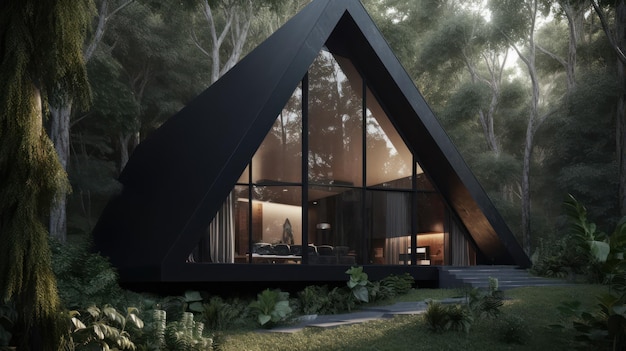 Een zwart driehoekig huis in het bos met een groot raam.