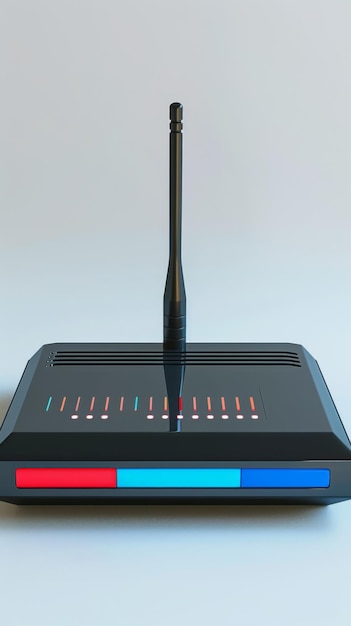 Foto een zwart elektrisch apparaat met een blauw en rood licht erop