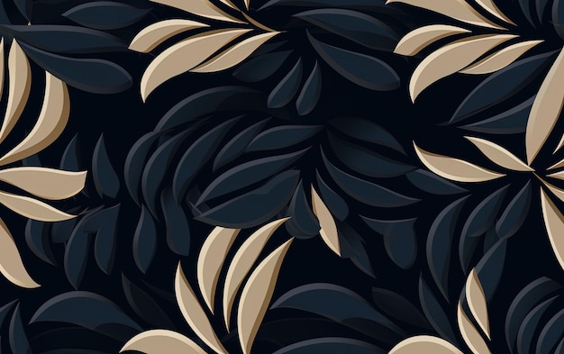 een zwart en goud patroon met een blad dat gouden bladeren heeft
