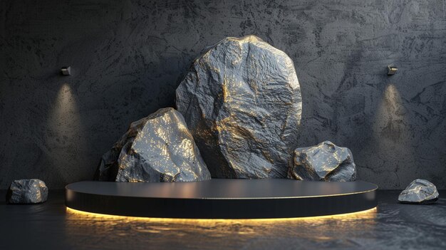 Een zwart en goud van een natuur marmer platform omringd door rotsen met dramatische verlichting