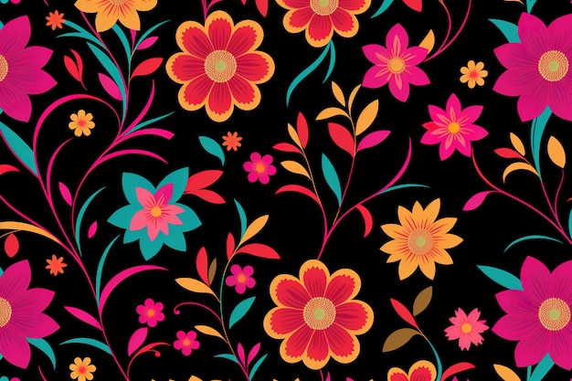 Een zwart en oranje bloemenpatroon met bloemen.