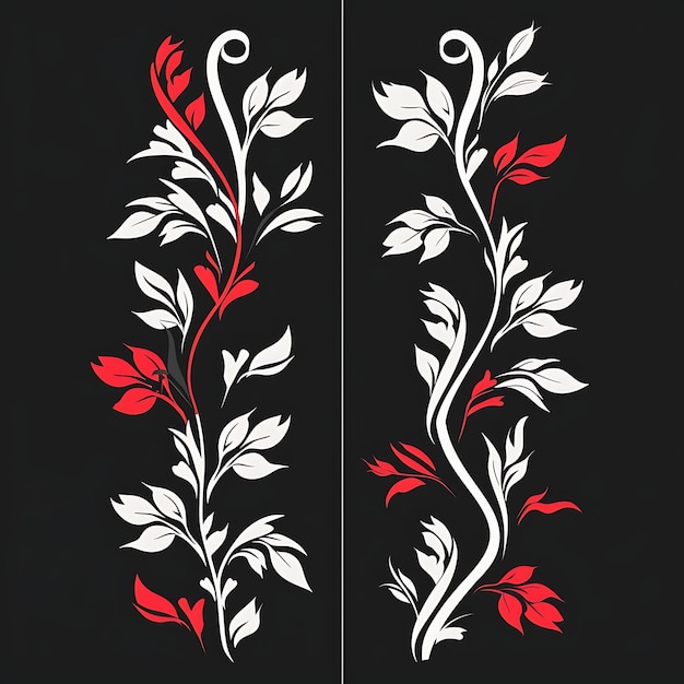een zwart en rood ontwerp met rode bloemen en bladeren