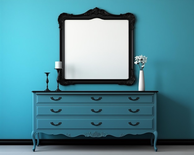 Een zwart frame en een donkerblauwe dresser in een kamer