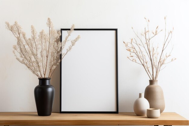 Een zwart frame met een witte achtergrond zit op een houten tafel