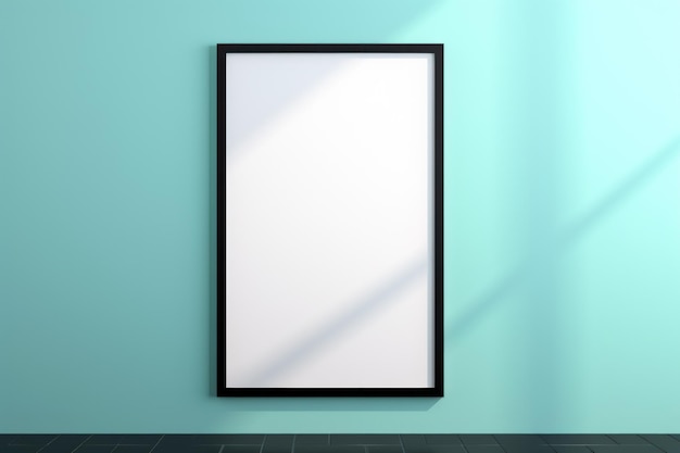 Een zwart frame op een muur met een schaduw in de stijl van minimalistische moderne 8k 3d witte minimalistische beelden lichtgevulde poster cyan ar 32 Job ID 76bb999692fb46b09ef9e3522bd62616