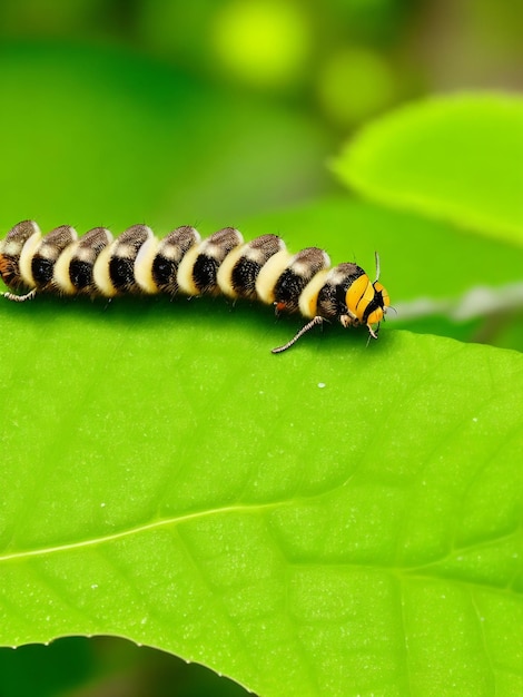 Een zwart-geel gestreepte rups zit op een groen blad