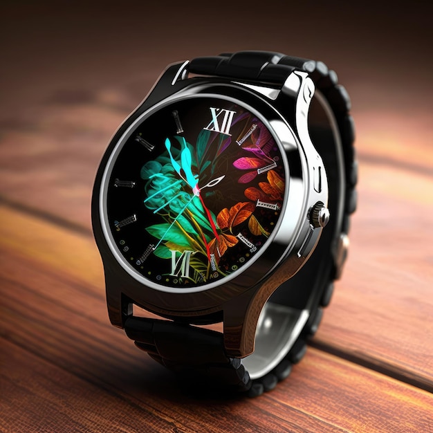 Een zwart horloge met een kleurrijke wijzerplaat en de cijfers 12 en 12 erop.
