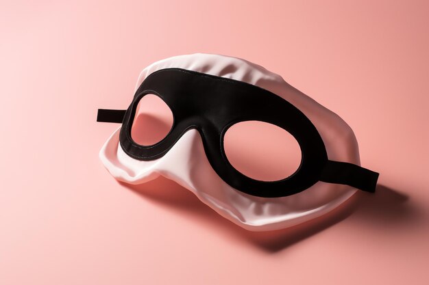 Een zwart masker met een roze achtergrond staat op een roze achtergrond.