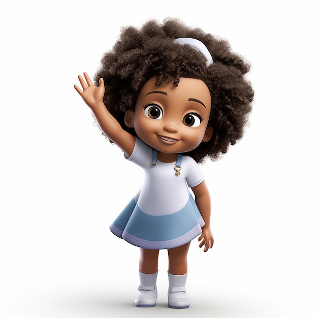 Een zwart meisje met afro die hallo witte pixar-stijl als achtergrond zwaait