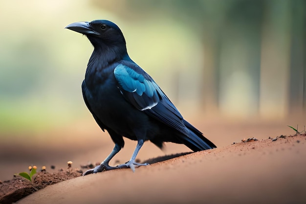 Een zwart met blauwe vogel met een zwart met blauwe vleugel.