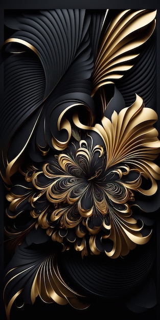 Een zwart met goud behang met een bladgoud patroon.