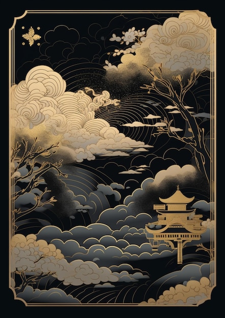 Een zwart met gouden poster met een pagode in de lucht.