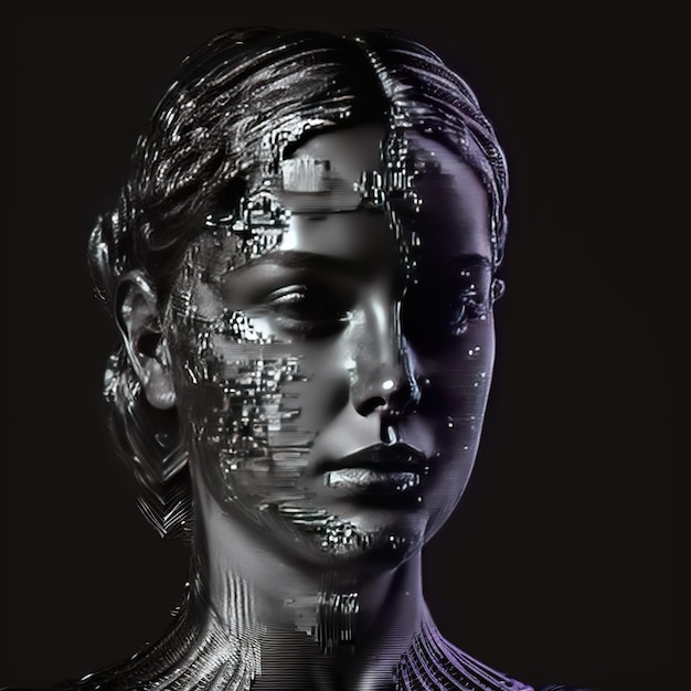 Een zwart met paars beeld van een vrouw met een digitale weergave van een gezicht.