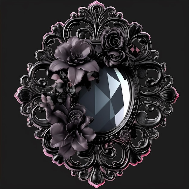 Een zwart met roze afbeelding van een bloem en een spiegel.