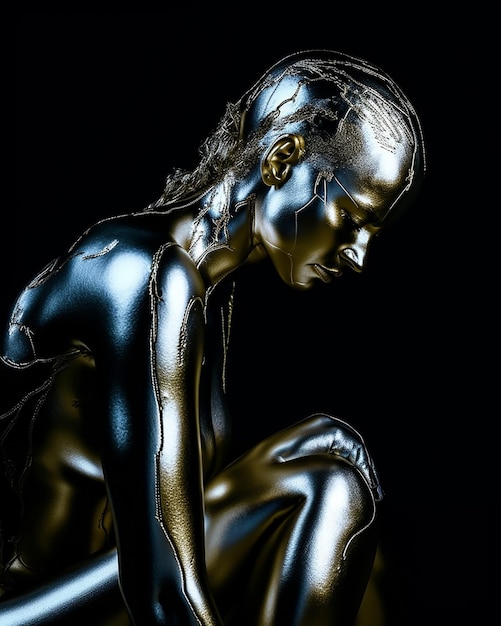 Een zwart met zilveren sculptuur van een zittende vrouw op een zwarte achtergrond