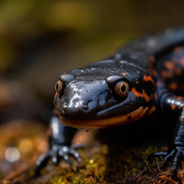 Een zwart-oranje salamander zit op een rots.