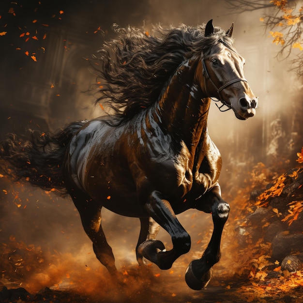 een zwart paard dat door het bos rent in de stijl van mystieke symboliek zilver en barnsteen