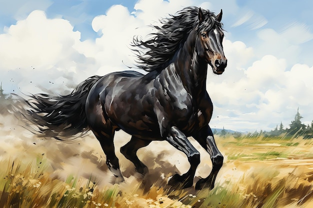 Een zwart paard dat in de weide rent, getekend met waterverf