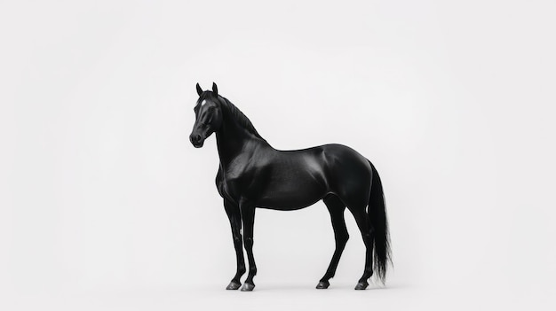Een zwart paard met staart en staart staat tegen een witte achtergrond.