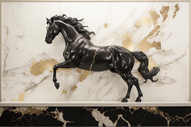 Foto een zwart paard staat op een marmeren muur met goudverf.