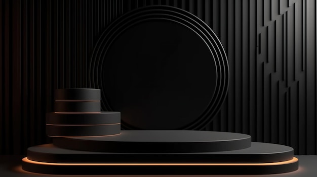 Een zwart podium met een ronde spiegel in het midden Generatief AI-beeld Podium voor schoonheidsproducten