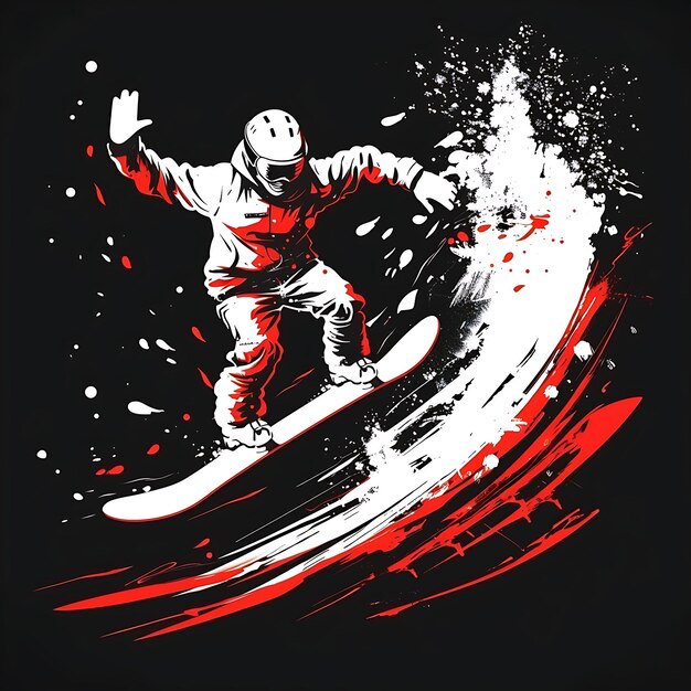 een zwart-rood beeld van een snowboarder in een rood-wit pak